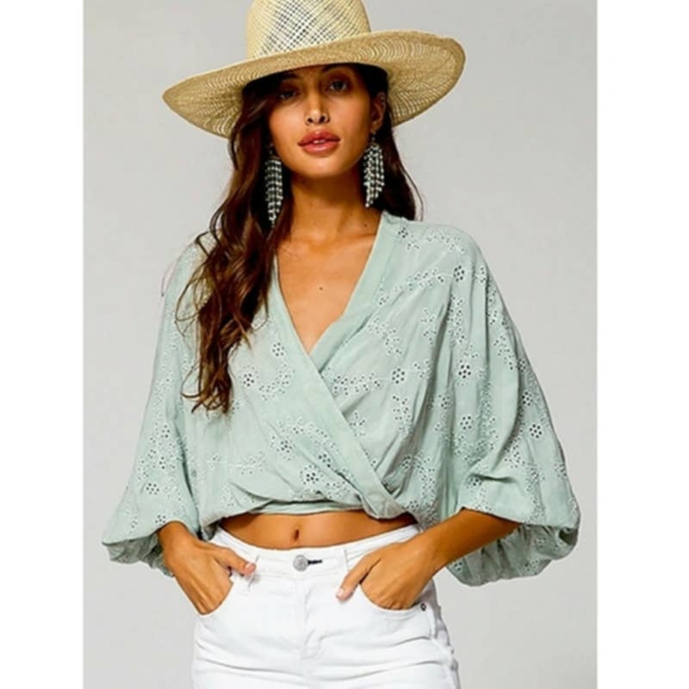 Young fabulous and broke green eyelet lacey wrap top